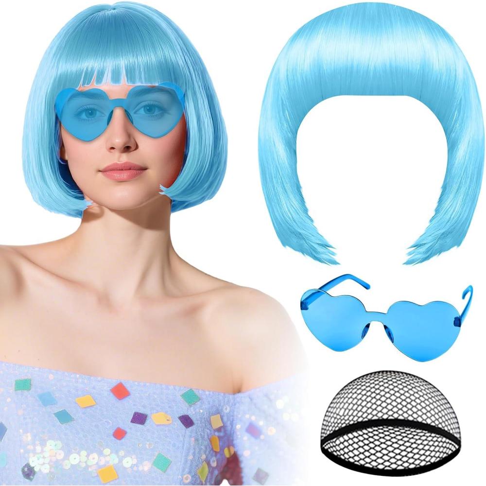 image:imagePerruque noire avec lunettes de soleil en forme de cur et bonnet pour femme perruque courte au carr PLULON postiche synthtique color dguisement denterrement de vie de jeune fille HalloweenBleu clair
