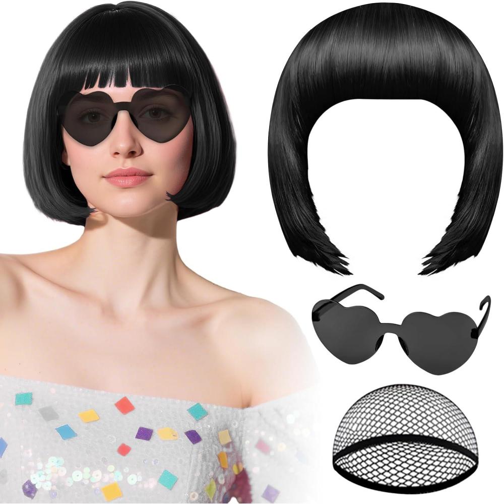 image:imagePerruque noire avec lunettes de soleil en forme de cur et bonnet pour femme perruque courte au carr PLULON postiche synthtique color dguisement denterrement de vie de jeune fille HalloweenNoir