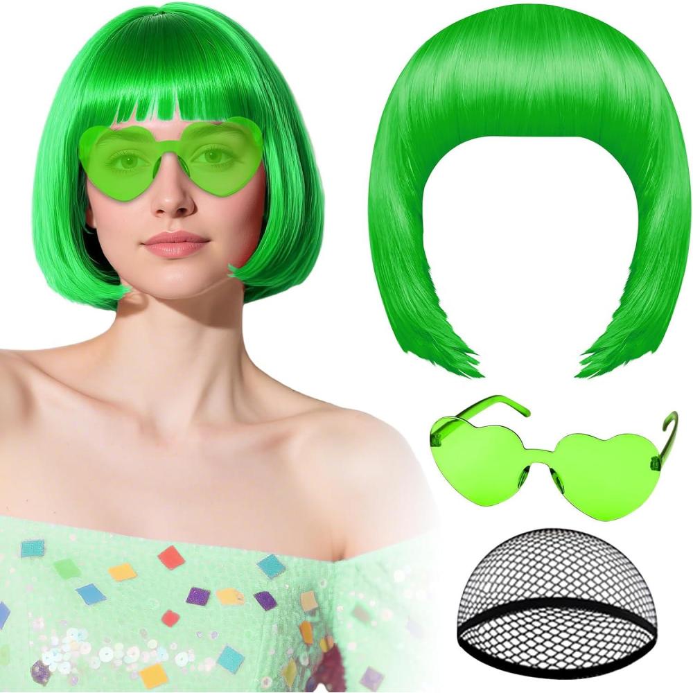 image:imagePerruque noire avec lunettes de soleil en forme de cur et bonnet pour femme perruque courte au carr PLULON postiche synthtique color dguisement denterrement de vie de jeune fille HalloweenHerbe verte