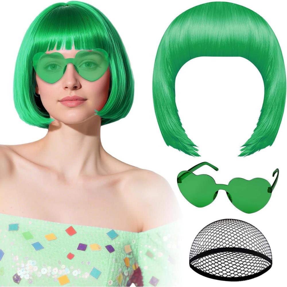 image:imagePerruque noire avec lunettes de soleil en forme de cur et bonnet pour femme perruque courte au carr PLULON postiche synthtique color dguisement denterrement de vie de jeune fille HalloweenVert