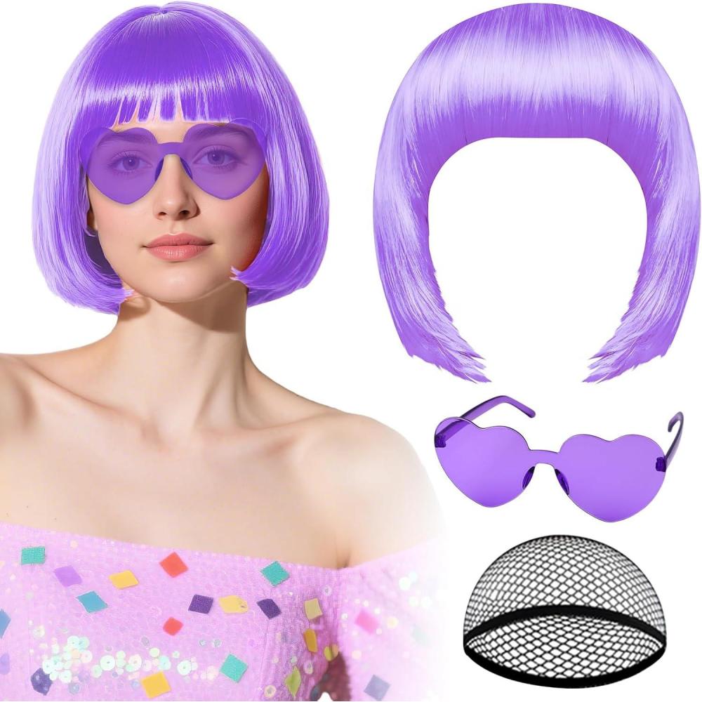 image:imagePerruque noire avec lunettes de soleil en forme de cur et bonnet pour femme perruque courte au carr PLULON postiche synthtique color dguisement denterrement de vie de jeune fille HalloweenViolet clair