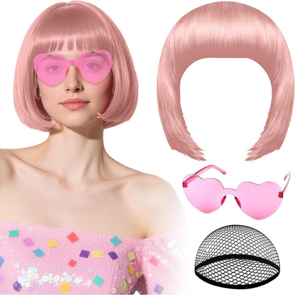 image:imagePerruque noire avec lunettes de soleil en forme de cur et bonnet pour femme perruque courte au carr PLULON postiche synthtique color dguisement denterrement de vie de jeune fille HalloweenJoli rose
