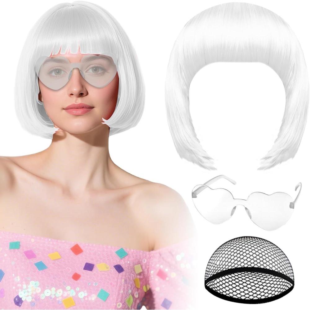 image:imagePerruque noire avec lunettes de soleil en forme de cur et bonnet pour femme perruque courte au carr PLULON postiche synthtique color dguisement denterrement de vie de jeune fille HalloweenBlanc