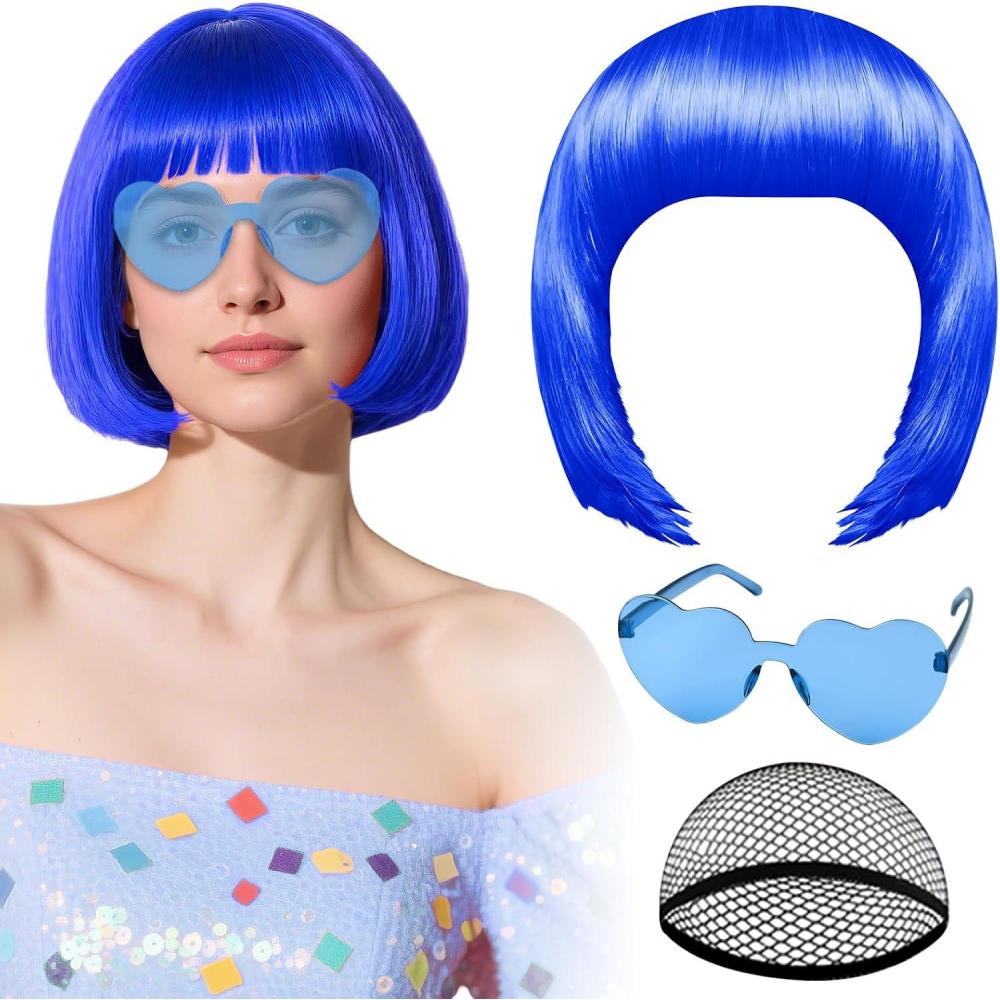 image:imagePerruque noire avec lunettes de soleil en forme de cur et bonnet pour femme perruque courte au carr PLULON postiche synthtique color dguisement denterrement de vie de jeune fille HalloweenBleu royal