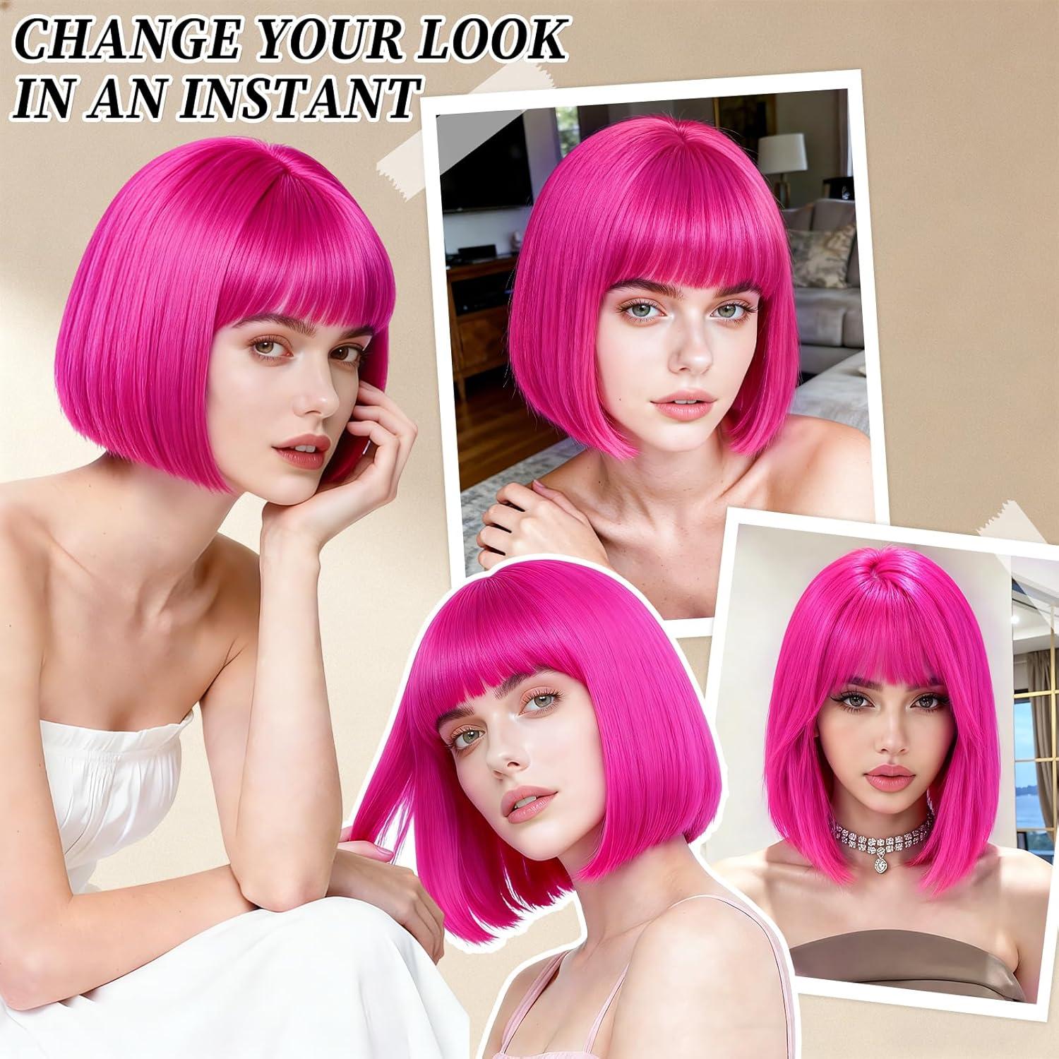 image:imageBlonde Perruque Femme Naturelle Courte Carnaval Perruque Synthtique de Haute Qualit Wig Deguisement Carnaval Perruque Disco avec Bonnet de Perruque et Lunettes Colores pour Cosplay PartyPink
