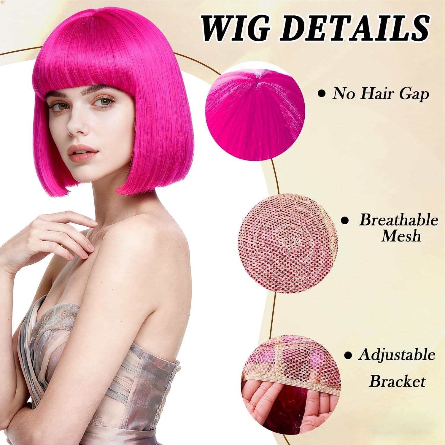 image:imageBlonde Perruque Femme Naturelle Courte Carnaval Perruque Synthtique de Haute Qualit Wig Deguisement Carnaval Perruque Disco avec Bonnet de Perruque et Lunettes Colores pour Cosplay PartyPink