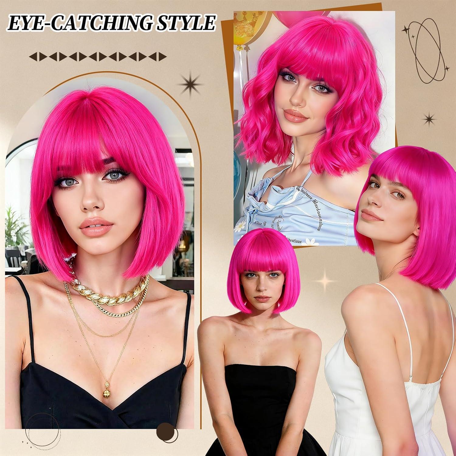 image:imageBlonde Perruque Femme Naturelle Courte Carnaval Perruque Synthtique de Haute Qualit Wig Deguisement Carnaval Perruque Disco avec Bonnet de Perruque et Lunettes Colores pour Cosplay PartyPink