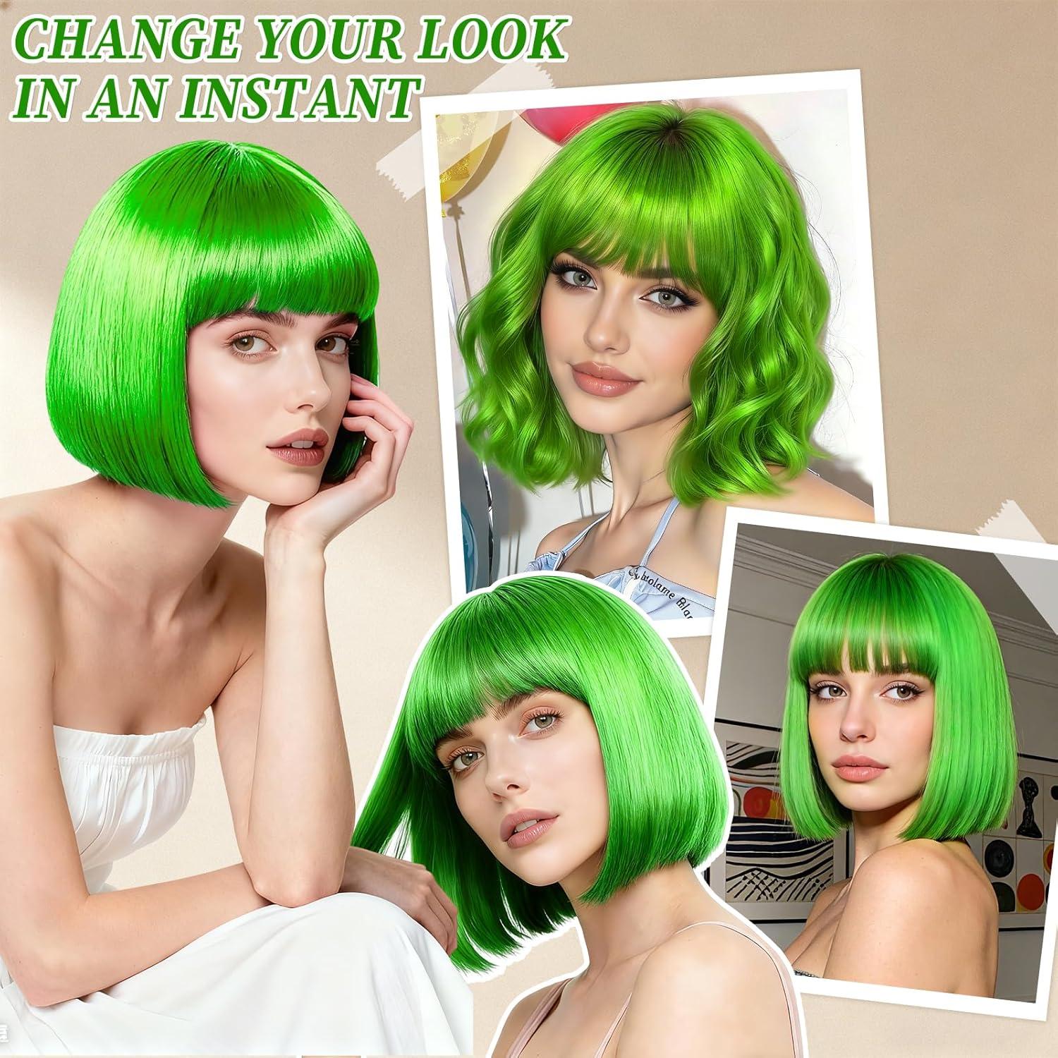 image:imageBlonde Perruque Femme Naturelle Courte Carnaval Perruque Synthtique de Haute Qualit Wig Deguisement Carnaval Perruque Disco avec Bonnet de Perruque et Lunettes Colores pour Cosplay PartyVert