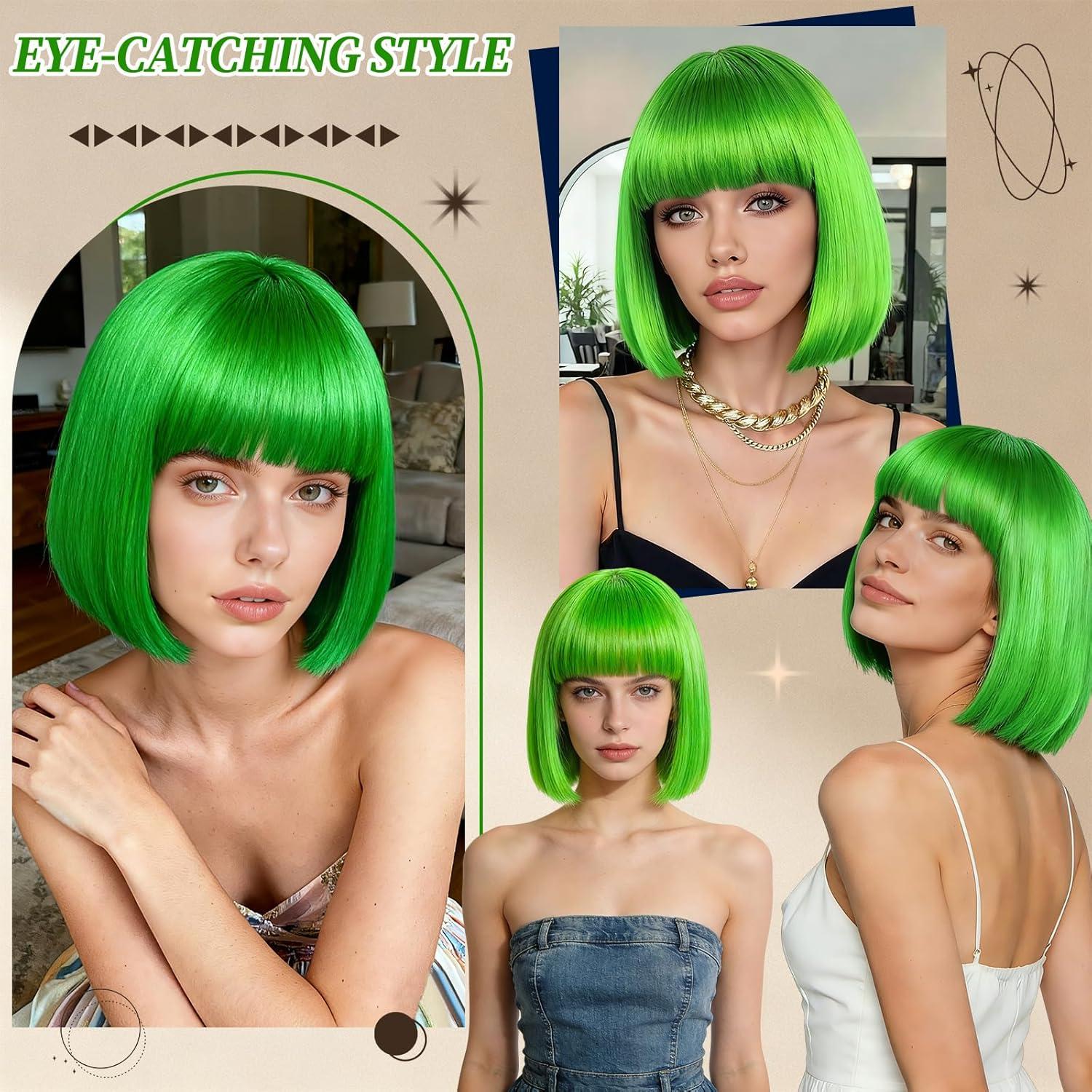 image:imageBlonde Perruque Femme Naturelle Courte Carnaval Perruque Synthtique de Haute Qualit Wig Deguisement Carnaval Perruque Disco avec Bonnet de Perruque et Lunettes Colores pour Cosplay PartyVert