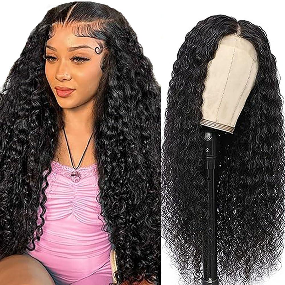 image:imagePerruque Femme Naturelle Short Bob Straight Human Hair Wig Glueless Perruque Sans Colle Cheveux Humain 4x4 Lace Closure Wig Color Black 1B Unprocessed Hair 8 Inch1B Water Wave Wig