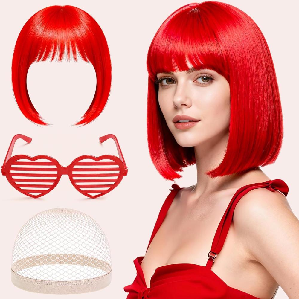 image:imageBlonde Perruque Femme Naturelle Courte Carnaval Perruque Synthtique de Haute Qualit Wig Deguisement Carnaval Perruque Disco avec Bonnet de Perruque et Lunettes Colores pour Cosplay PartyRouge