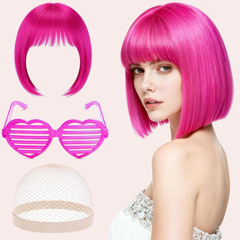image:imageBlonde Perruque Femme Naturelle Courte Carnaval Perruque Synthtique de Haute Qualit Wig Deguisement Carnaval Perruque Disco avec Bonnet de Perruque et Lunettes Colores pour Cosplay PartyPink