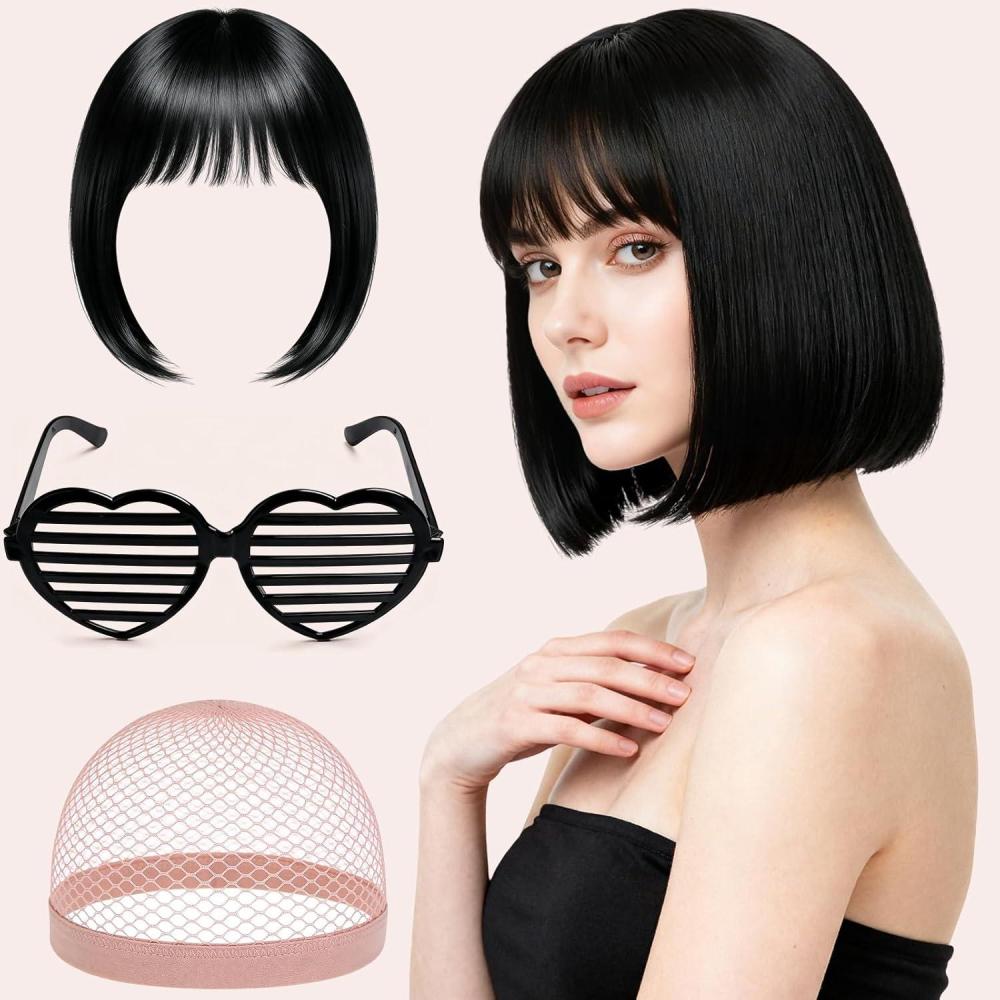 image:imageBlonde Perruque Femme Naturelle Courte Carnaval Perruque Synthtique de Haute Qualit Wig Deguisement Carnaval Perruque Disco avec Bonnet de Perruque et Lunettes Colores pour Cosplay PartyNoir