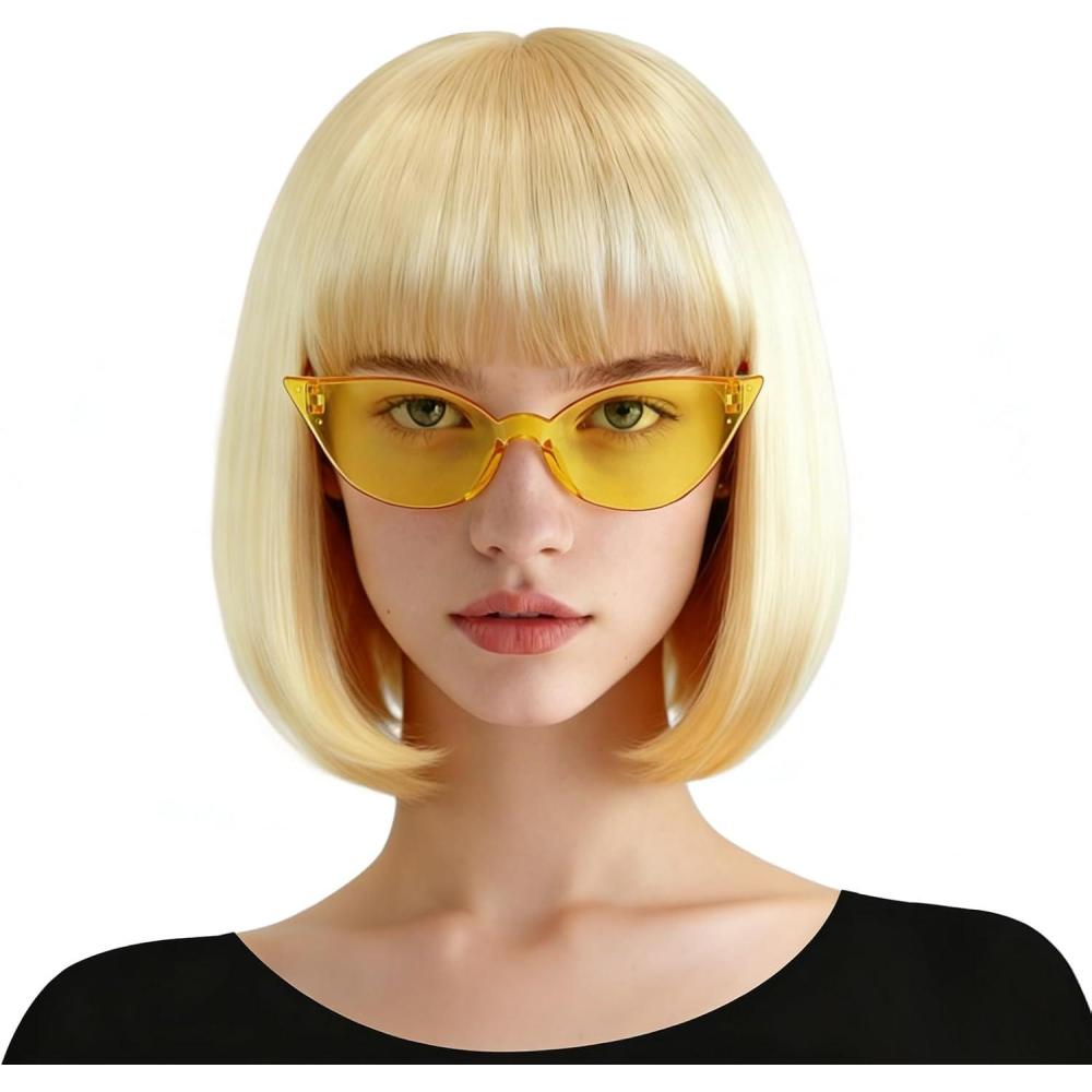 image:imageCarr Blonde Perruque Partyrama avec Lunettes pour Femme Raides Court Droit Bob Perruques avec Flat Frange Raides Cheveux Synthtiques pour Cosplay Halloween Costume Fte BlondeBlonde
