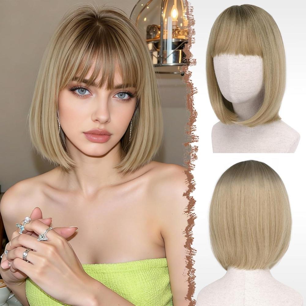 image:imageFESHFEN Blond Clair Courte Bob Perruque avec Franges 30 cm Droites Color Perruques de Cheveux Synthtiques Cosplay Utilisation Quotidienne De La Fte pour Femmes Carnaval Straight Bob Wig With BangsOmbre Blonde