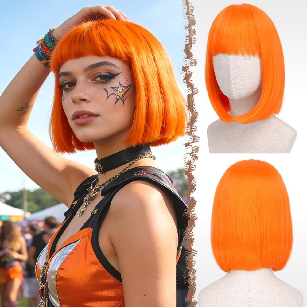image:imageFESHFEN Blond Clair Courte Bob Perruque avec Franges 30 cm Droites Color Perruques de Cheveux Synthtiques Cosplay Utilisation Quotidienne De La Fte pour Femmes Carnaval Straight Bob Wig With BangsOrange
