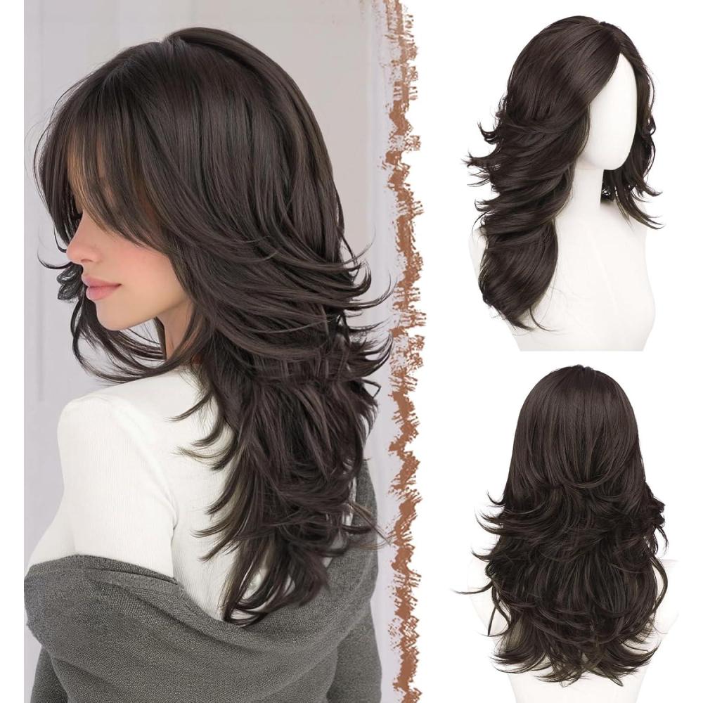 image:imageFESHFEN Layered Mixte Rouge Perruques Ondule avec Franges 55 cm Perruque Longue avec Centrale pour Femmes Naturelle Wig Synthtique Rsistante Perruques de Cheveux Fte Quotidienne CosplayBrun Fonc