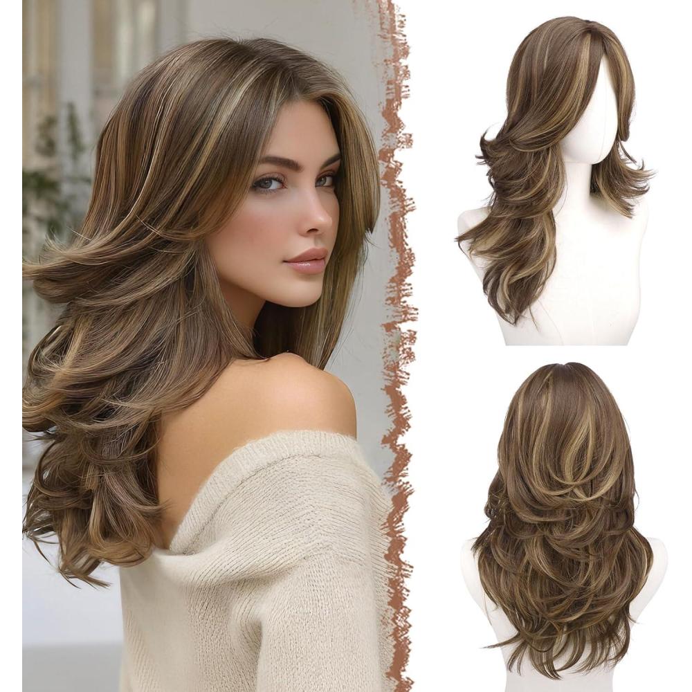 image:imageFESHFEN Layered Mixte Rouge Perruques Ondule avec Franges 55 cm Perruque Longue avec Centrale pour Femmes Naturelle Wig Synthtique Rsistante Perruques de Cheveux Fte Quotidienne CosplayBrun Mixte Blond