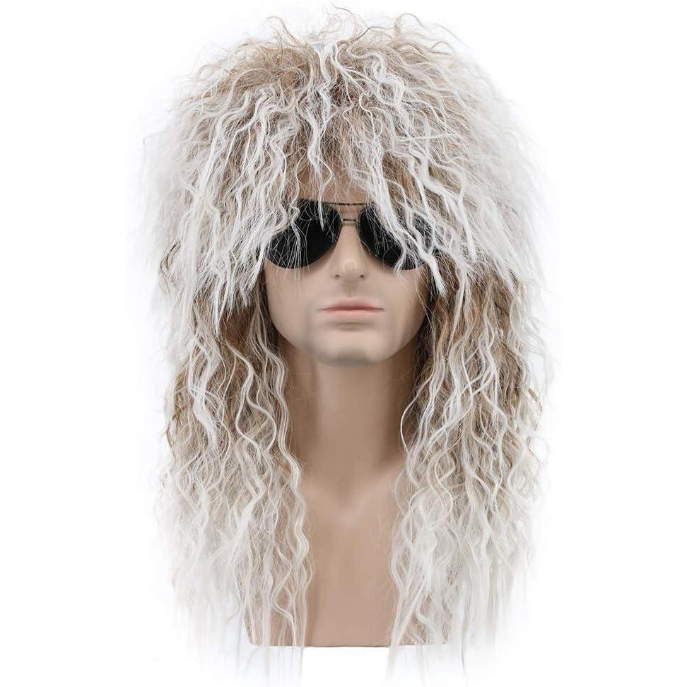 image:imageKarlery Perruque Longue Boucle Brune et Blanche pour Hommes et femmes Perruque Mulet de Rocker des Annes 70 et 80 pour Carnaval Halloween Cosplay Dguisement Party