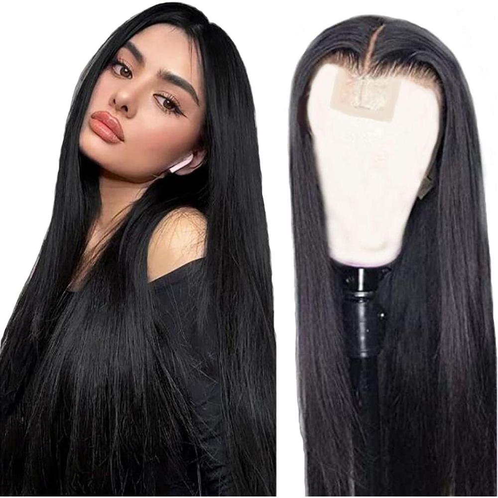 image:imagePerruque Femme Naturelle Short Bob Straight Human Hair Wig Glueless Perruque Sans Colle Cheveux Humain 4x4 Lace Closure Wig Color Black 1B Unprocessed Hair 8 Inch1B Straight Wig