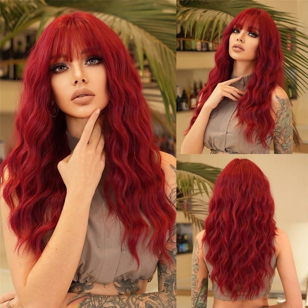 image:imagePerruque Longue boucle RougeBrun avec Frange pour Femme  Perruques synthtiques Lissesboucles Quotidiennes Brun foncBurgundy