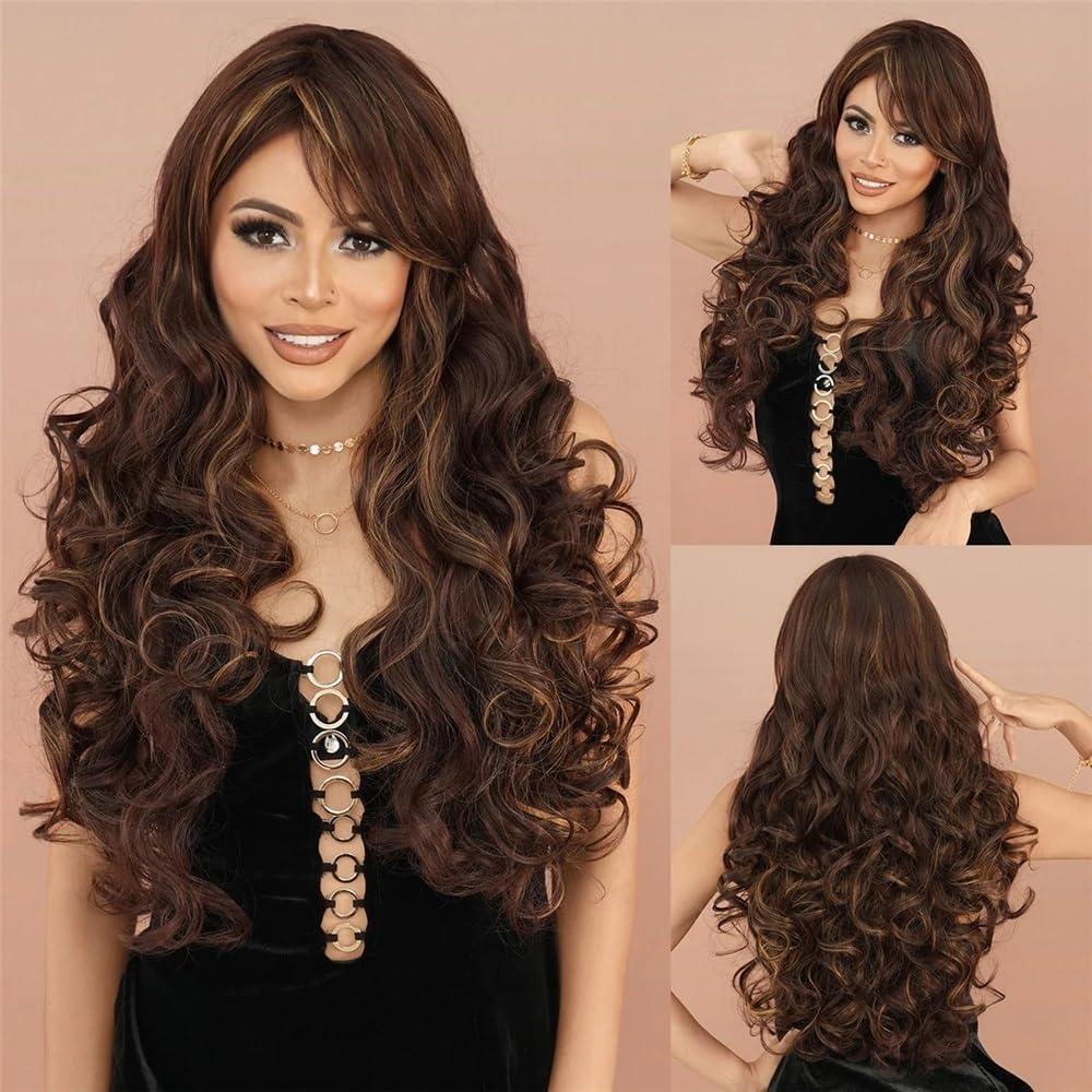 image:imagePerruque Longue boucle RougeBrun avec Frange pour Femme  Perruques synthtiques Lissesboucles Quotidiennes Brun foncDark Brown