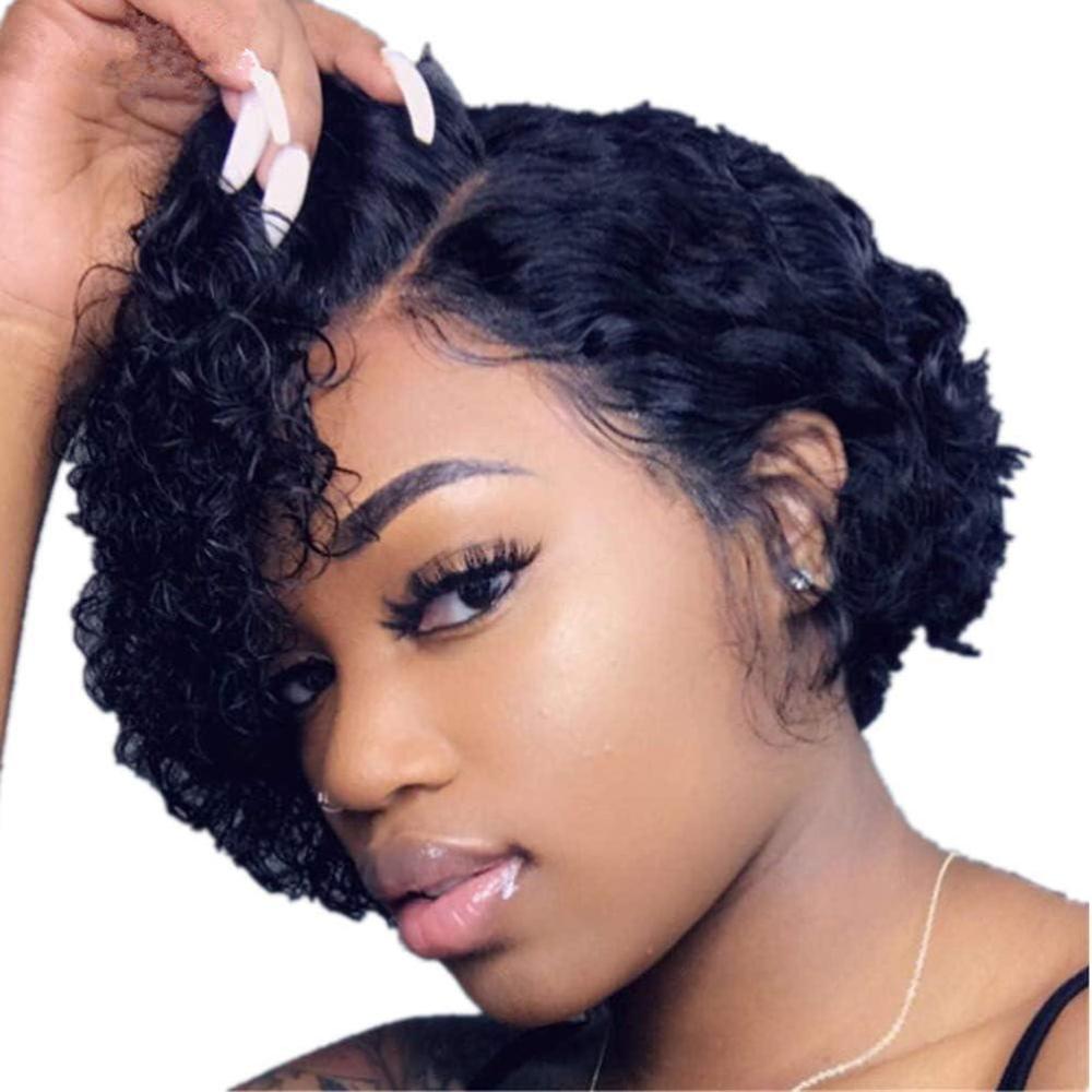 image:imagePerruque de Cheveux Humains Perruque Courte Afro Crpue Boucle avec Dentelle sur le Devant Cheveux Brsiliens Onduls Postiche Naturelle Noire pour Femmes Afroamricaines