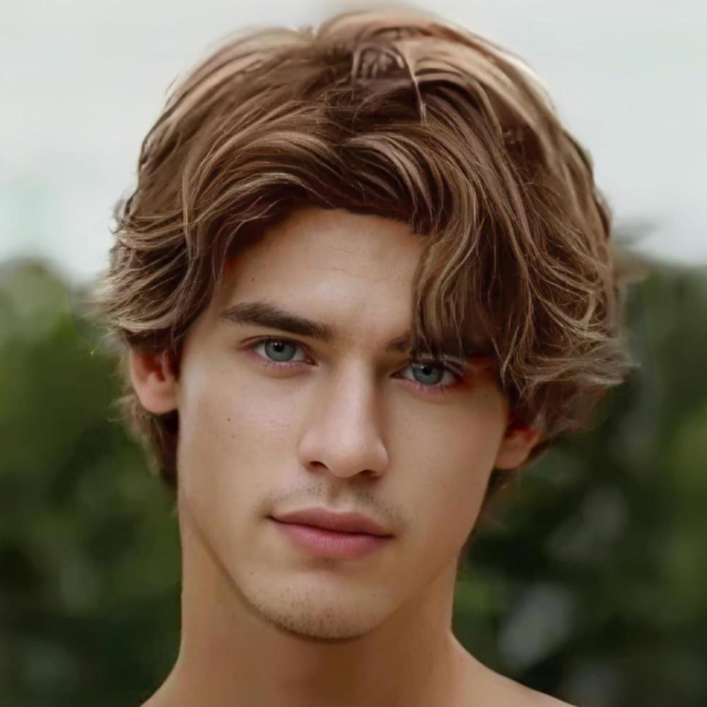 image:imagePerruque de rechange naturelle courte pour homme MarronOrange