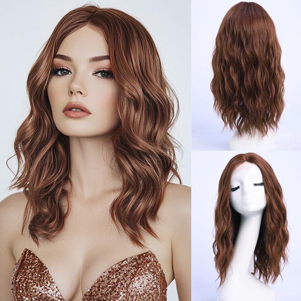 image:imagePerruque ondule de longueur moyenne blond clair pour femme 45 cm raie au milieu platine cheveux synthtiques cosplay usage quotidien et fteauburn
