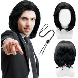 2 Pièces Perruque Noire Courte avec Cravate Bolo, Perruque Homme Femme Punk Rock 80&rsquo;s 90&rsquo;s Accessoires pour Fête Cosplay Halloween Carnaval Usage (2 Pièces)(Black)