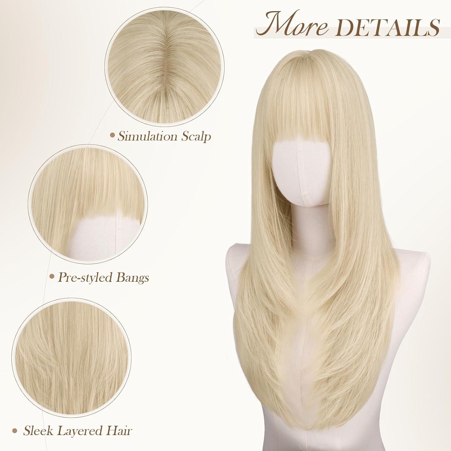 image:imageFESHFEN Perruque Layered avec Frange Perruques Lisse et Droite pour Femmes Blond Cendr Cheveux Naturels Synthtiques Wig pour Ftes Quotidienne 60 cmBlond clair