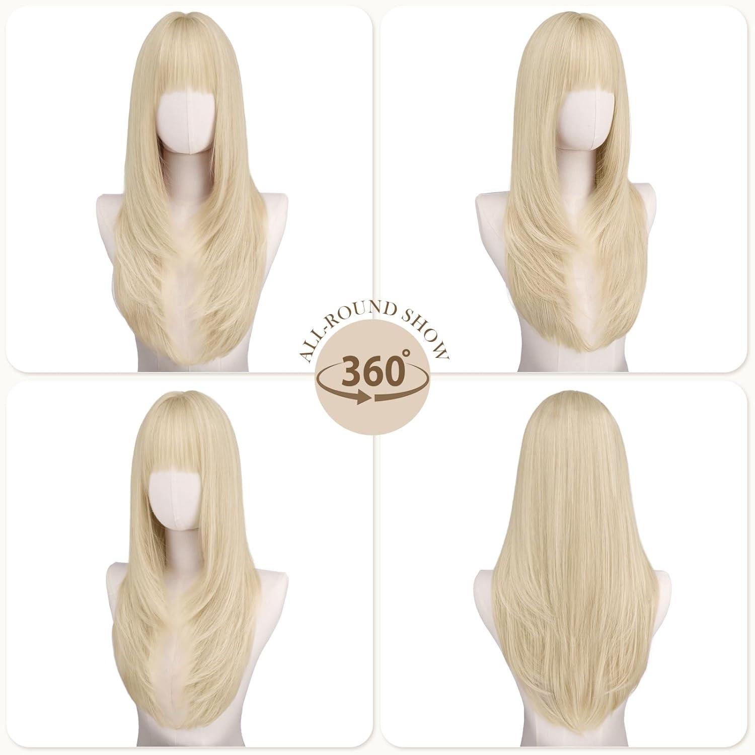 image:imageFESHFEN Perruque Layered avec Frange Perruques Lisse et Droite pour Femmes Blond Cendr Cheveux Naturels Synthtiques Wig pour Ftes Quotidienne 60 cmBlond clair