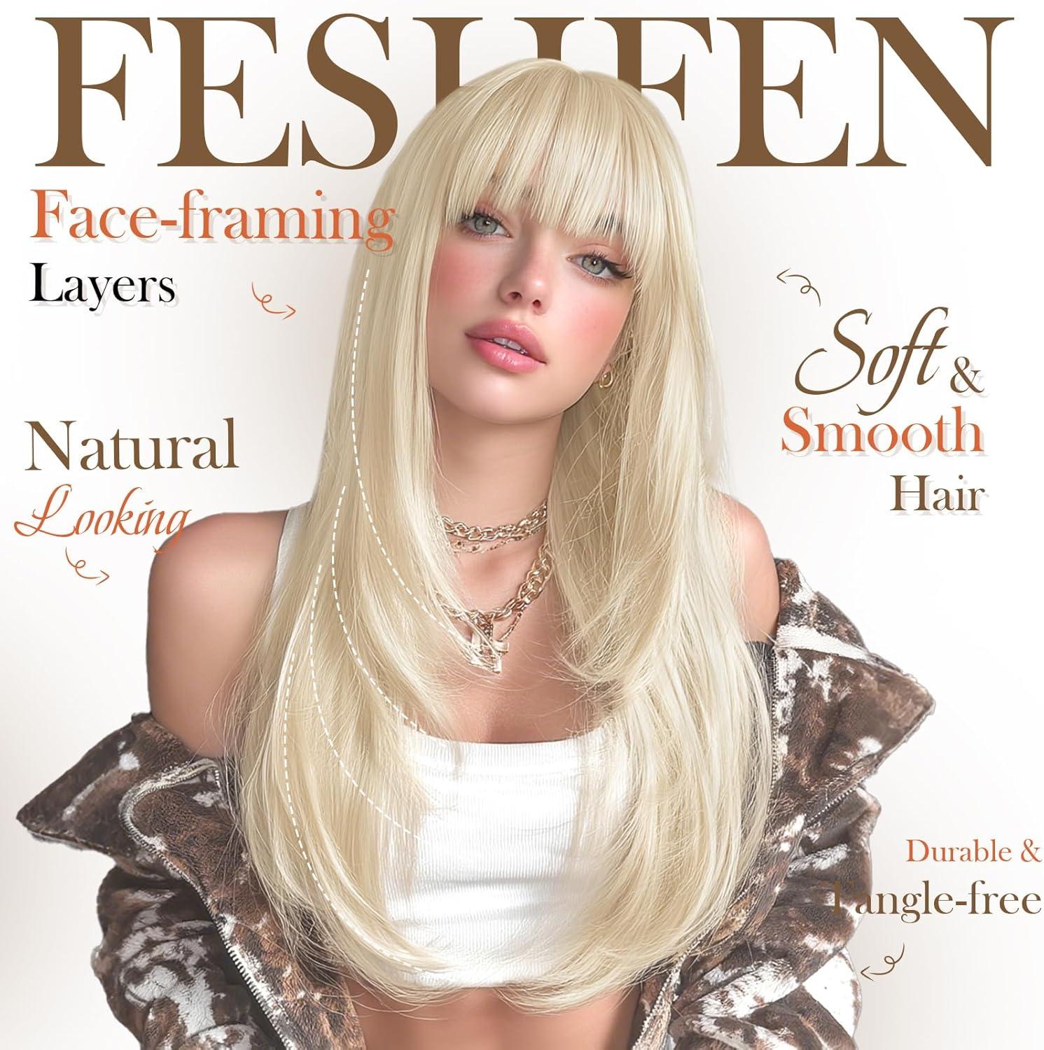image:imageFESHFEN Perruque Layered avec Frange Perruques Lisse et Droite pour Femmes Blond Cendr Cheveux Naturels Synthtiques Wig pour Ftes Quotidienne 60 cmBlond clair