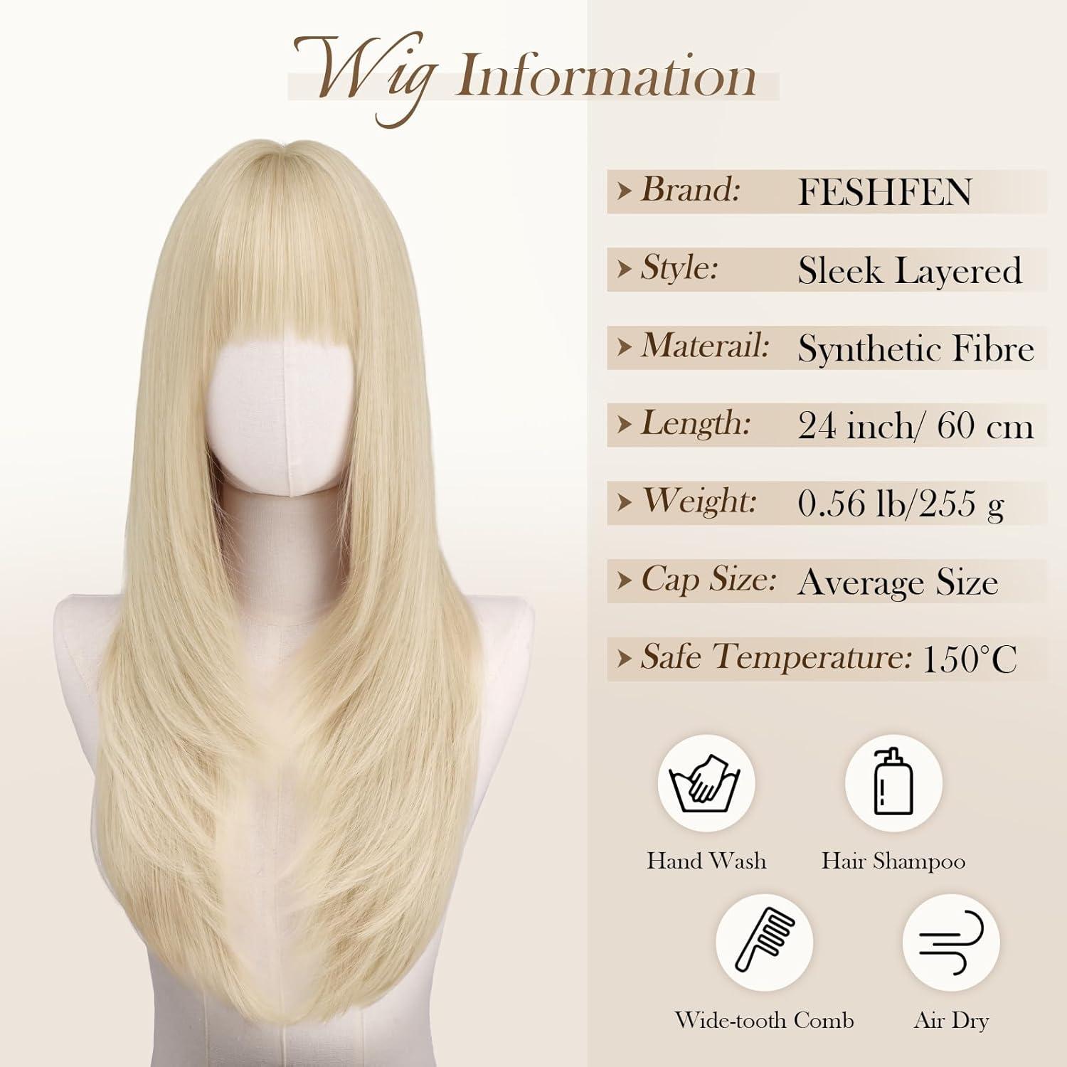 image:imageFESHFEN Perruque Layered avec Frange Perruques Lisse et Droite pour Femmes Blond Cendr Cheveux Naturels Synthtiques Wig pour Ftes Quotidienne 60 cmBlond clair