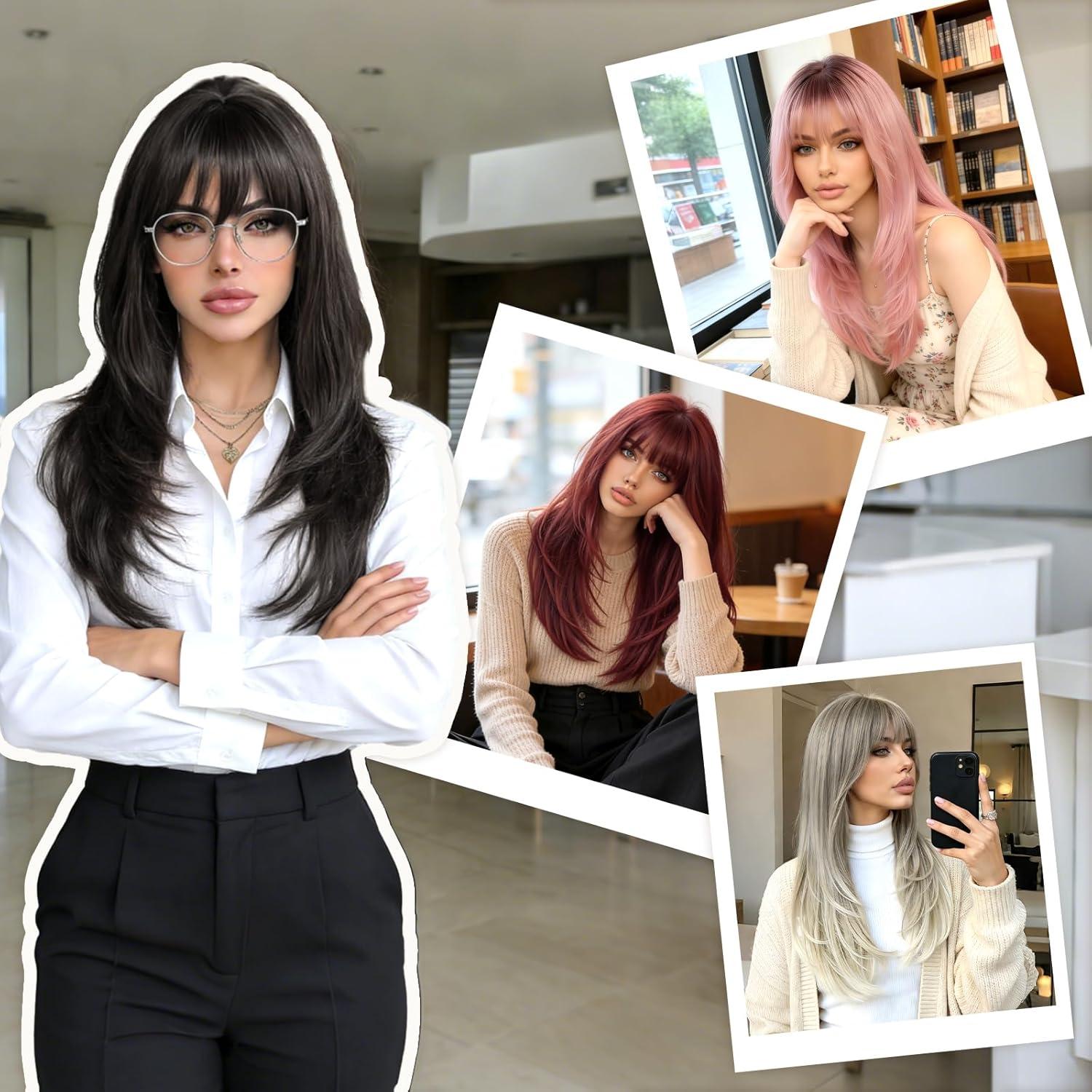 image:imageFESHFEN Perruque Layered avec Frange Perruques Lisse et Droite pour Femmes Blond Cendr Cheveux Naturels Synthtiques Wig pour Ftes Quotidienne 60 cmBlond clair