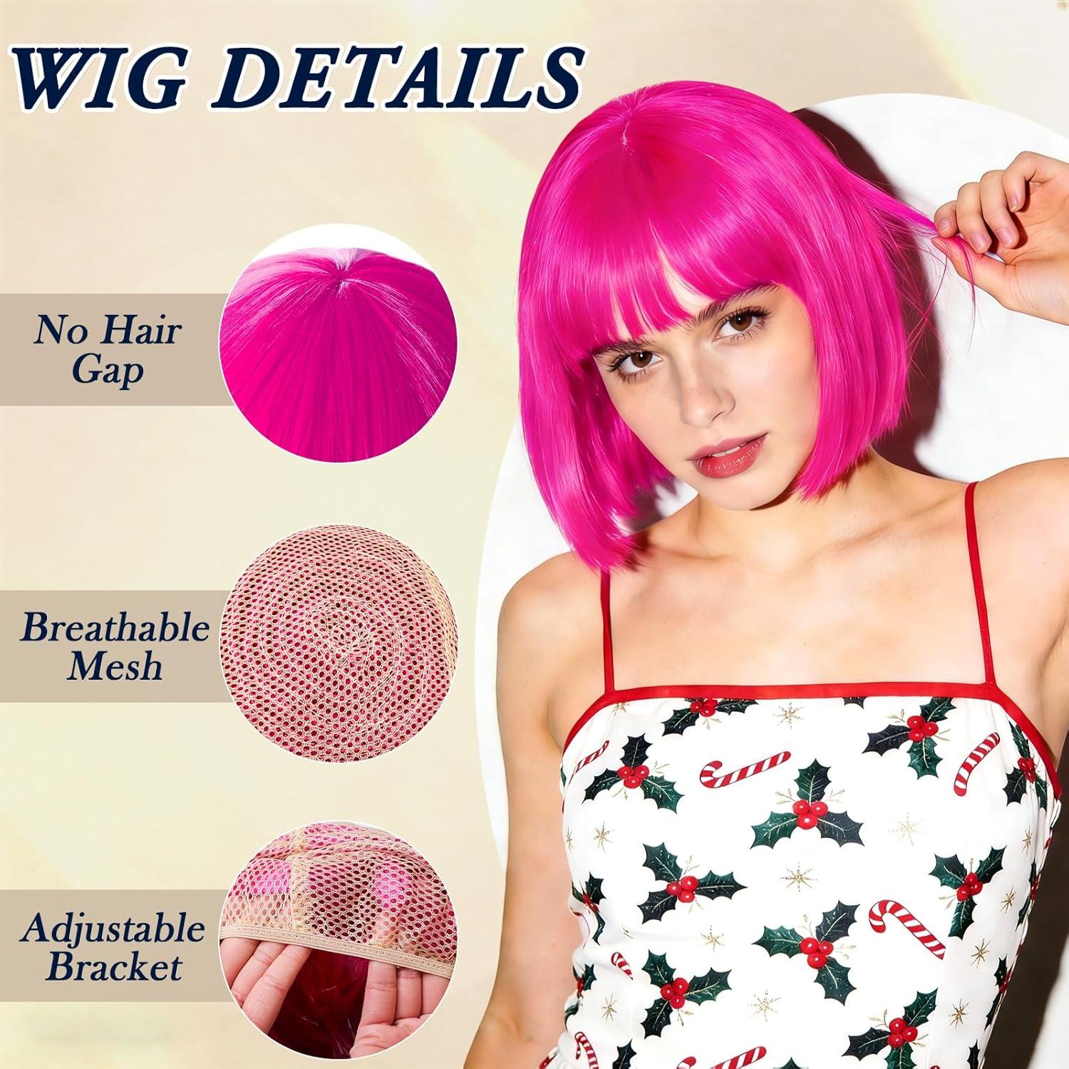 image:imagePerruque Femme Naturelle Perruque Bleue Bleu Perruques Disco Femme Courte Frange avec Bonnet de Perruque et Lunettes Colores Bob Wig pour Deguisement Carnaval Cosplay Motto PartyHot Rose