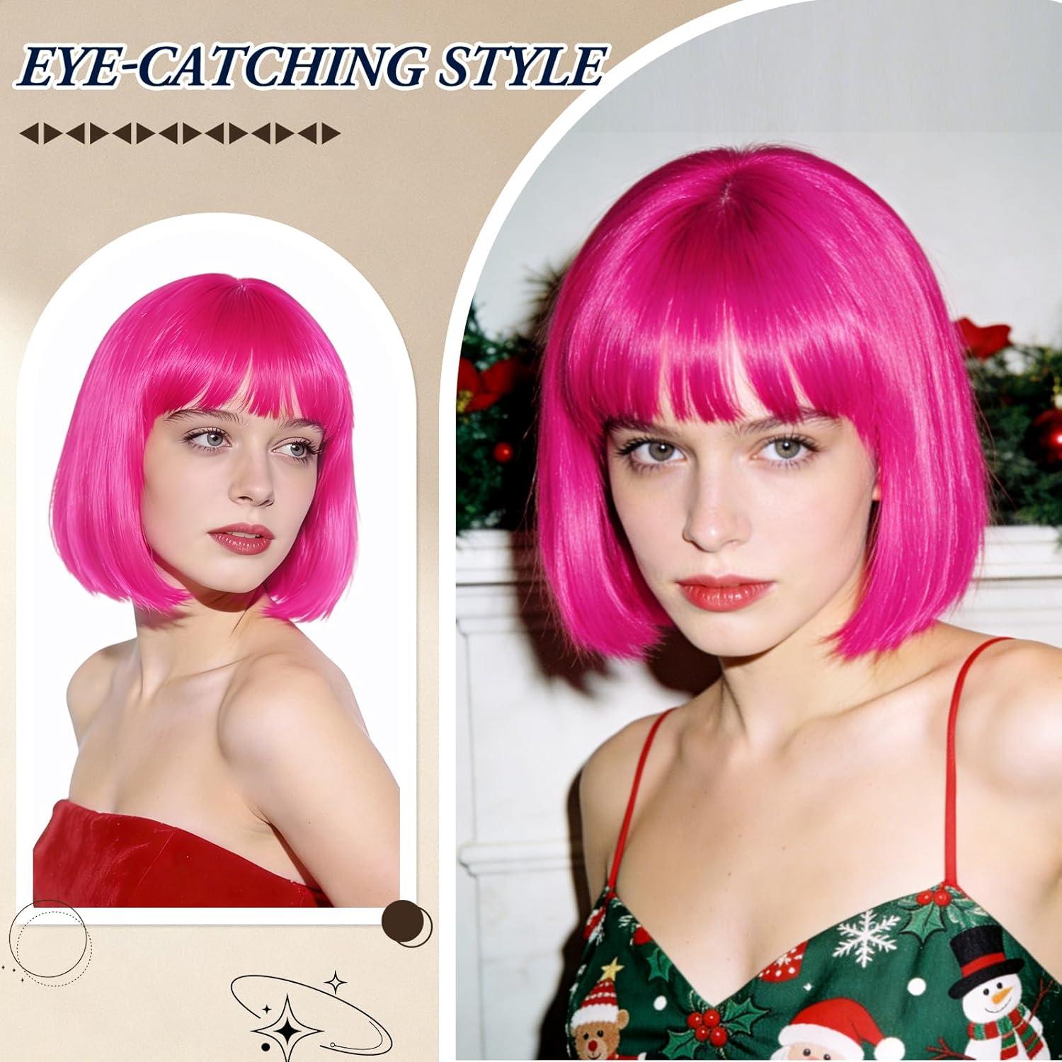 image:imagePerruque Femme Naturelle Perruque Bleue Bleu Perruques Disco Femme Courte Frange avec Bonnet de Perruque et Lunettes Colores Bob Wig pour Deguisement Carnaval Cosplay Motto PartyHot Rose