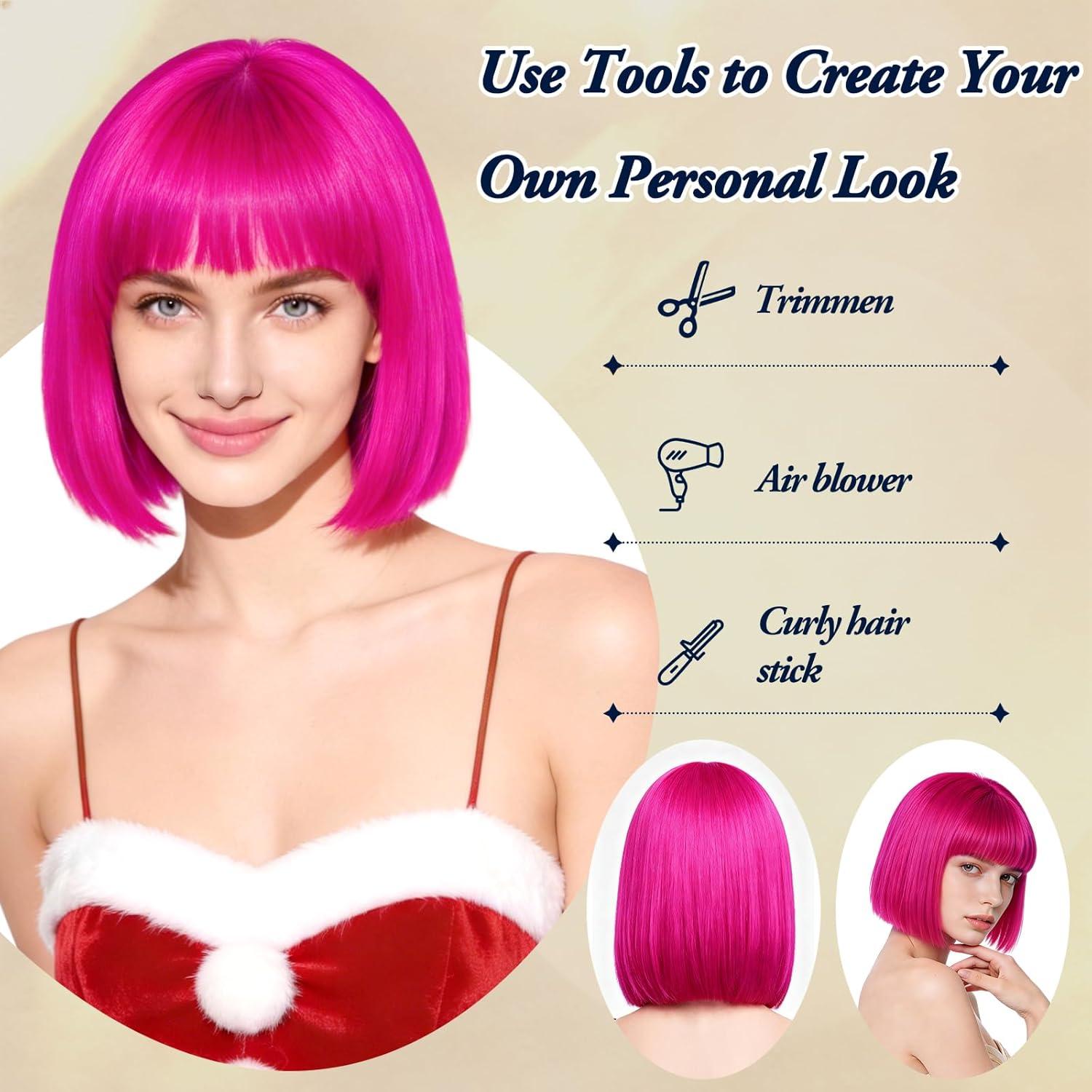 image:imagePerruque Femme Naturelle Perruque Bleue Bleu Perruques Disco Femme Courte Frange avec Bonnet de Perruque et Lunettes Colores Bob Wig pour Deguisement Carnaval Cosplay Motto PartyHot Rose