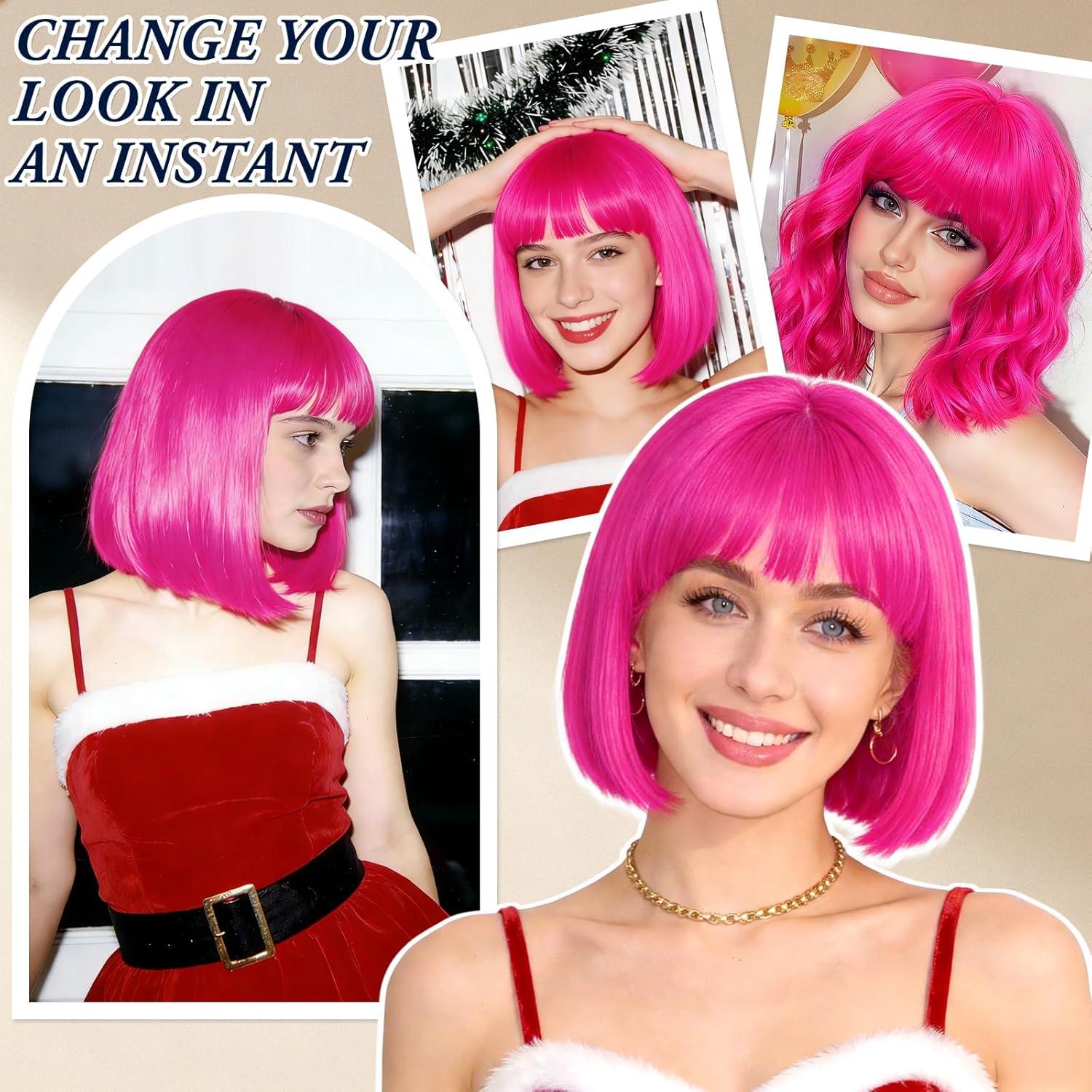 image:imagePerruque Femme Naturelle Perruque Bleue Bleu Perruques Disco Femme Courte Frange avec Bonnet de Perruque et Lunettes Colores Bob Wig pour Deguisement Carnaval Cosplay Motto PartyHot Rose