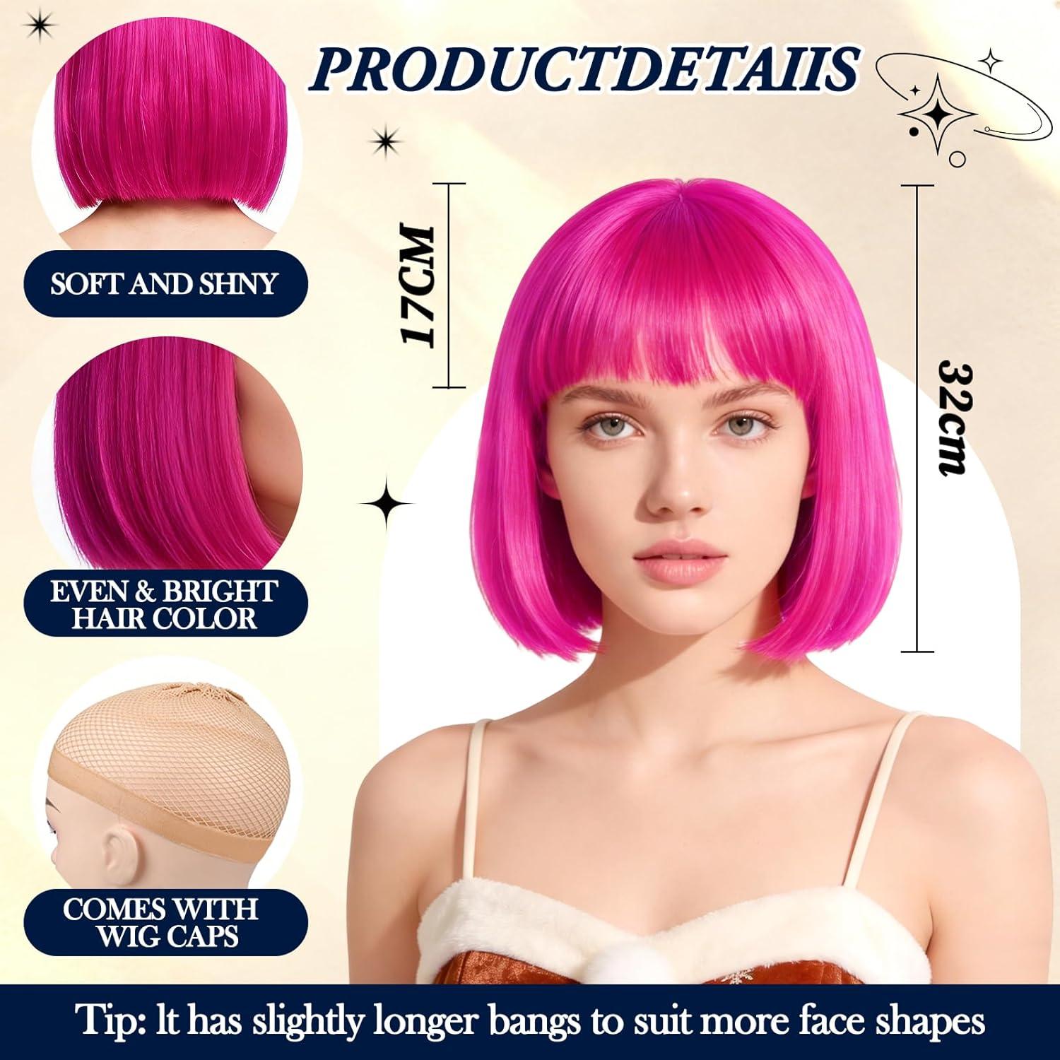 image:imagePerruque Femme Naturelle Perruque Bleue Bleu Perruques Disco Femme Courte Frange avec Bonnet de Perruque et Lunettes Colores Bob Wig pour Deguisement Carnaval Cosplay Motto PartyHot Rose