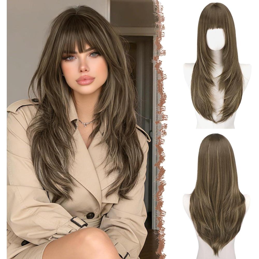 image:imageFESHFEN Perruque Layered avec Frange Perruques Lisse et Droite pour Femmes Blond Cendr Cheveux Naturels Synthtiques Wig pour Ftes Quotidienne 60 cmBlond mlang de brun