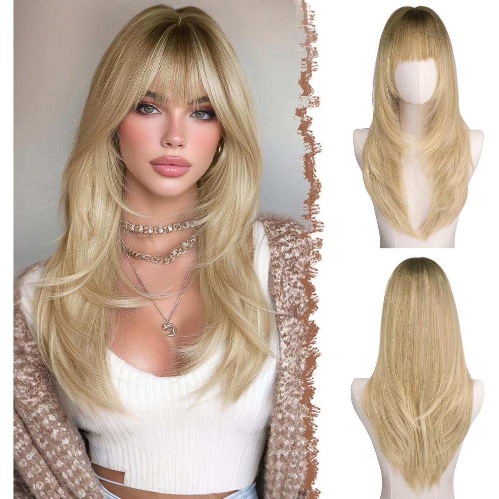 image:imageFESHFEN Perruque Layered avec Frange  Perruques Lisse et Droite pour Femmes Blond Cendr Cheveux Naturels Synthtiques Wig pour Ftes Quotidienne 60 cmOmbre blond