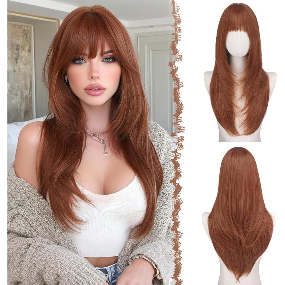 image:imageFESHFEN Perruque Layered avec Frange  Perruques Lisse et Droite pour Femmes Blond Cendr Cheveux Naturels Synthtiques Wig pour Ftes Quotidienne 60 cmRouge cuivre