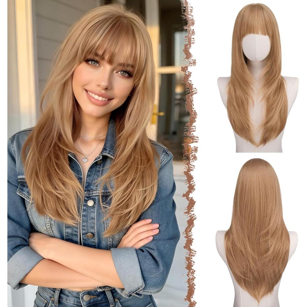 image:imageFESHFEN Perruque Layered avec Frange  Perruques Lisse et Droite pour Femmes Blond Cendr Cheveux Naturels Synthtiques Wig pour Ftes Quotidienne 60 cmRoux
