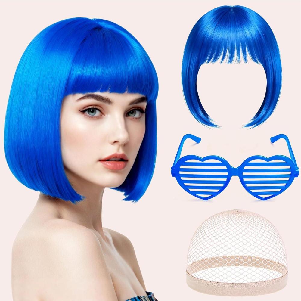 image:imagePerruque Femme Naturelle Perruque Bleue Bleu Perruques Disco Femme Courte Frange avec Bonnet de Perruque et Lunettes Colores Bob Wig pour Deguisement Carnaval Cosplay Motto PartyBleue