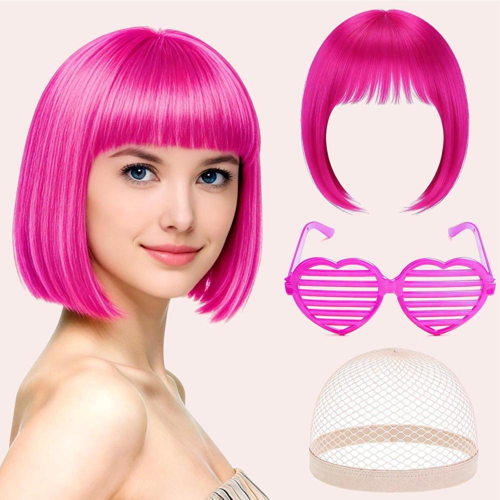 image:imagePerruque Femme Naturelle Perruque Bleue Bleu Perruques Disco Femme Courte Frange avec Bonnet de Perruque et Lunettes Colores Bob Wig pour Deguisement Carnaval Cosplay Motto PartyHot Rose