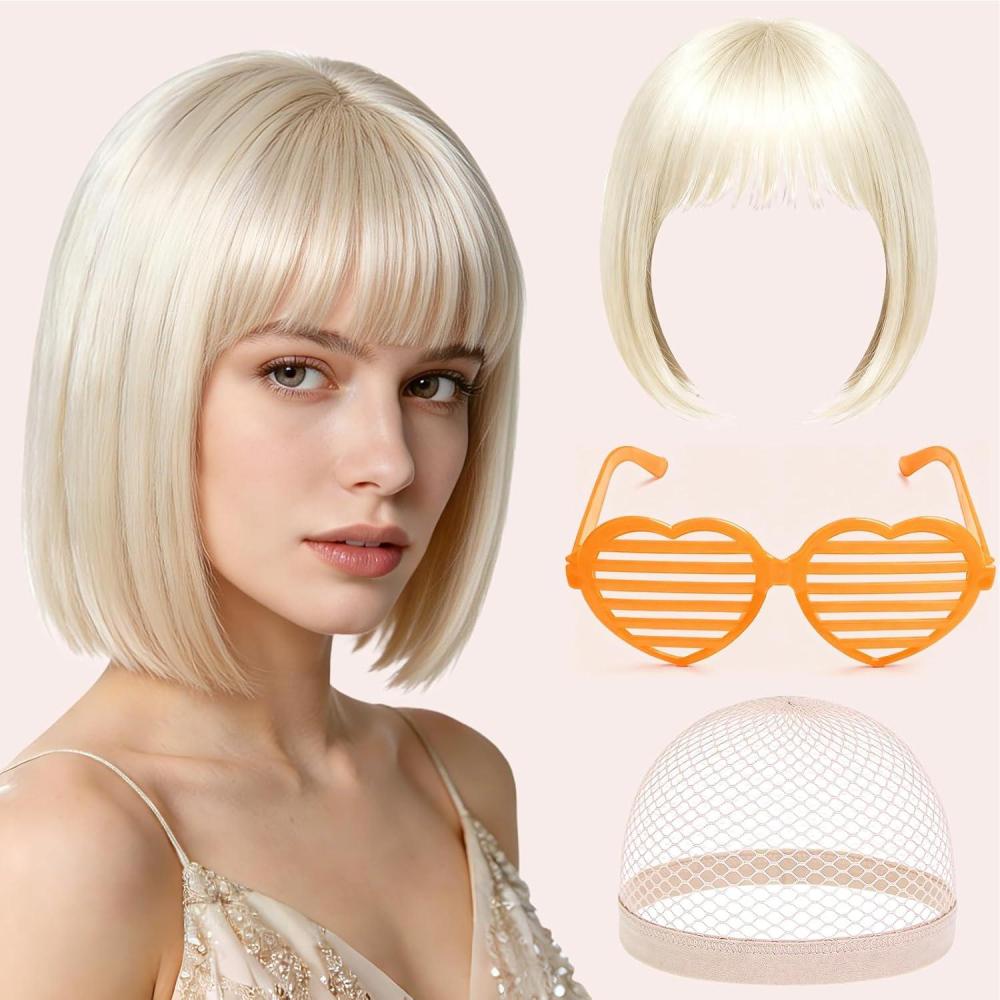 image:imagePerruque Femme Naturelle Perruque Bleue Bleu Perruques Disco Femme Courte Frange avec Bonnet de Perruque et Lunettes Colores Bob Wig pour Deguisement Carnaval Cosplay Motto PartyBlonde