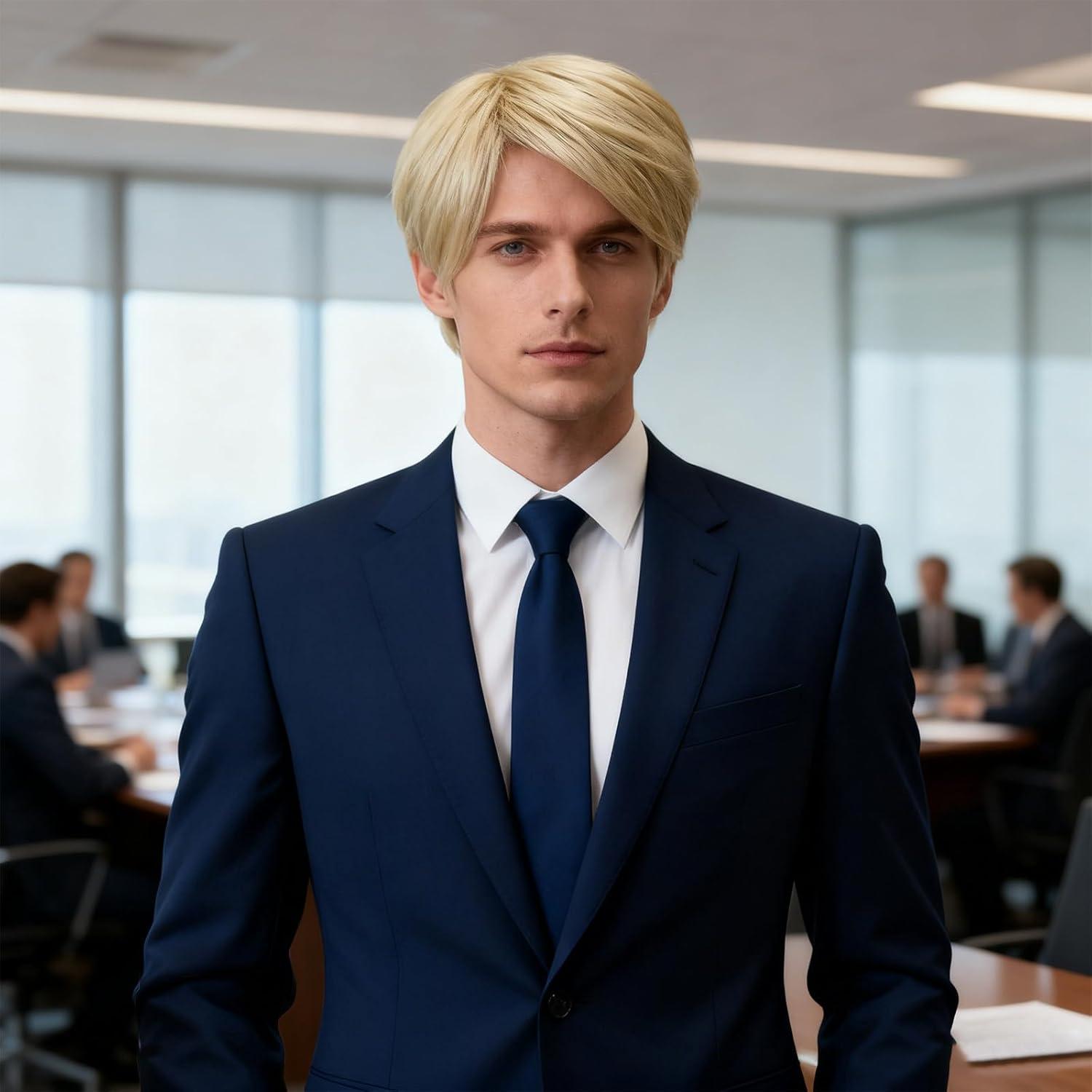 image:imageCourte Perruque pour Homme Perruque de Mec Blonde Cheveux Courts Postiche Naturelle Moelleuse avec Frange pour Hommes Carnaval Costume de Fte Quotidien Rock Star Soire Thme OrOr