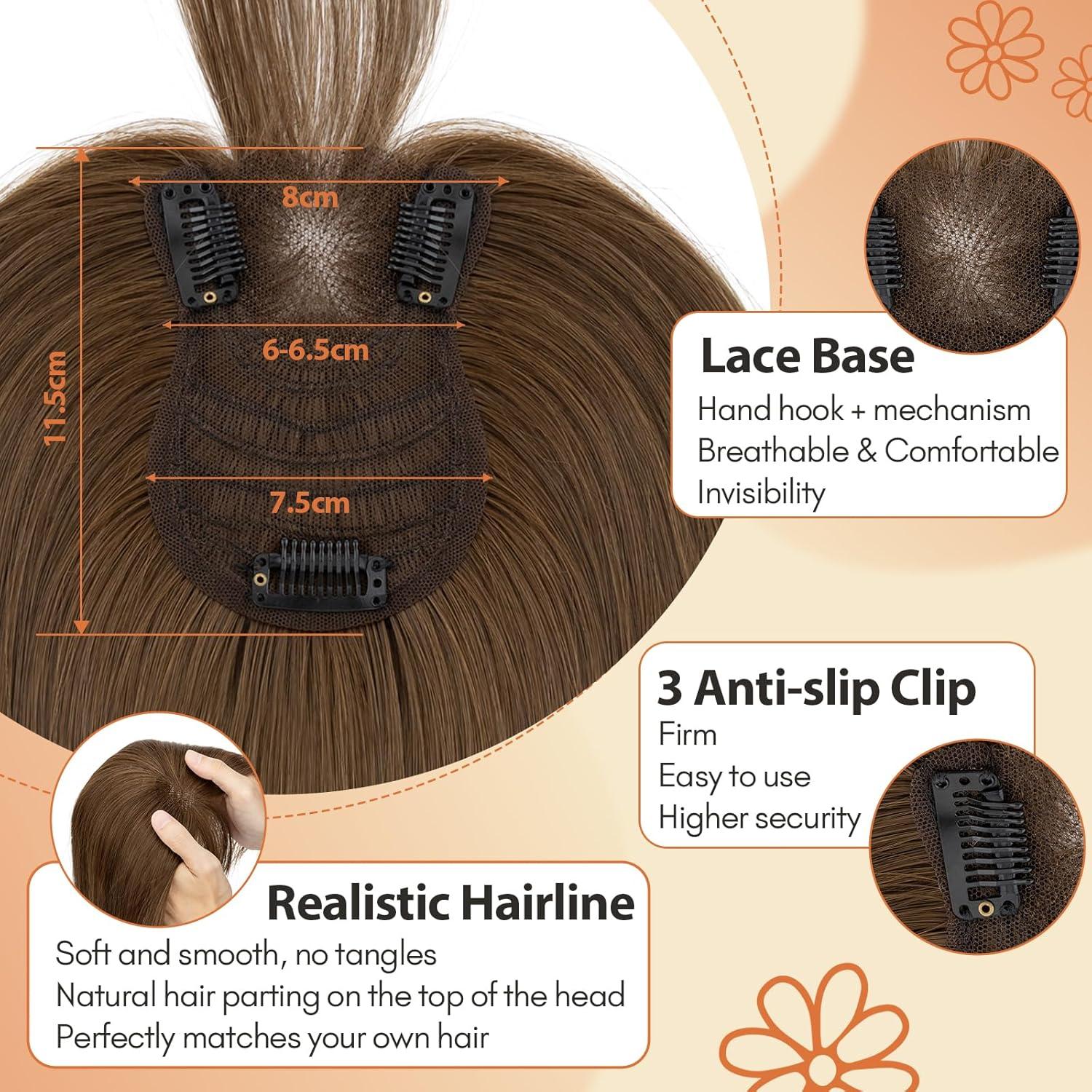 image:imageSnoilite Cheveux Topper avec Frange 27g Sans Frange Cheveux Naturels Topper Clip in Chevelure Humains pour Femmes 3 Clips Invisible Chevelure Humains avec Base en Dentelle 25CM Chtain Moyen 4Chtain Moyen 4RFrange