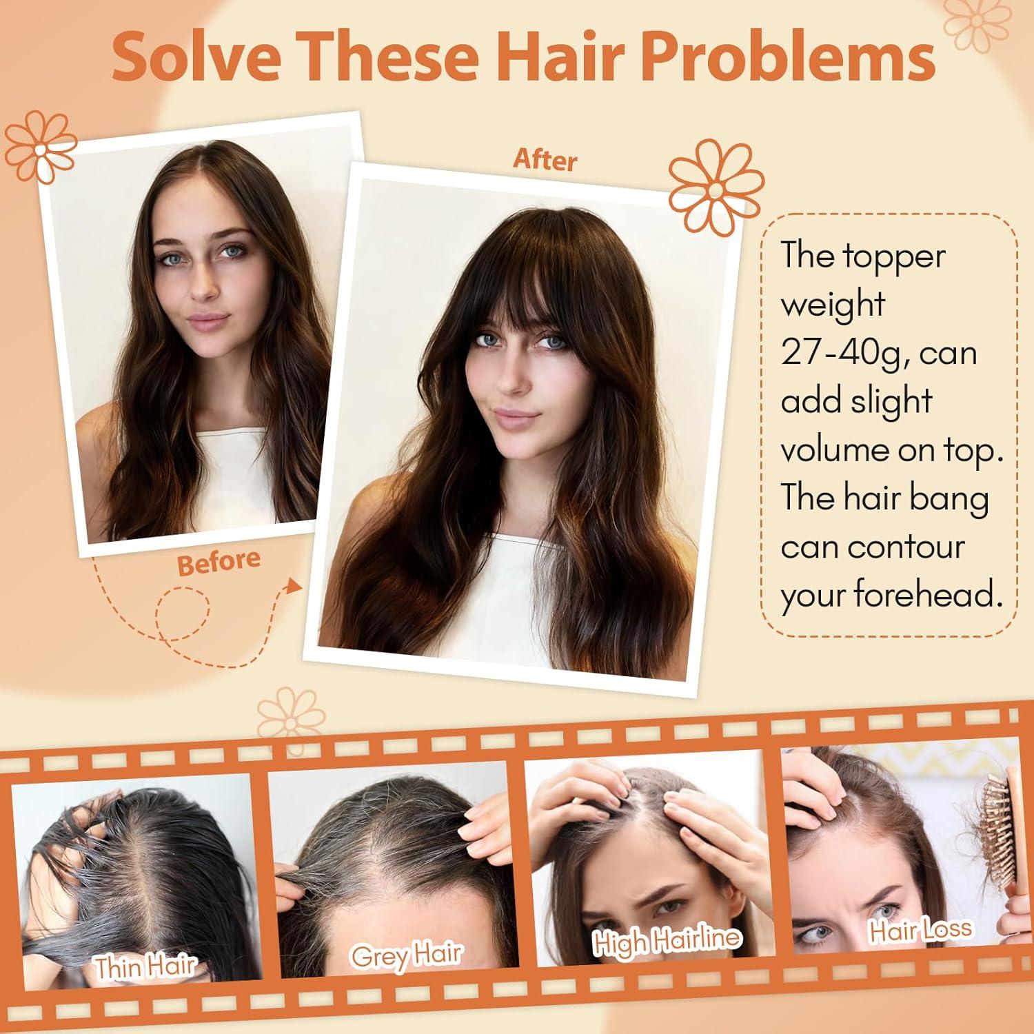 image:imageSnoilite Cheveux Topper avec Frange 27g Sans Frange Cheveux Naturels Topper Clip in Chevelure Humains pour Femmes 3 Clips Invisible Chevelure Humains avec Base en Dentelle 25CM Chtain Moyen 4Brun Fonc 2RFrange